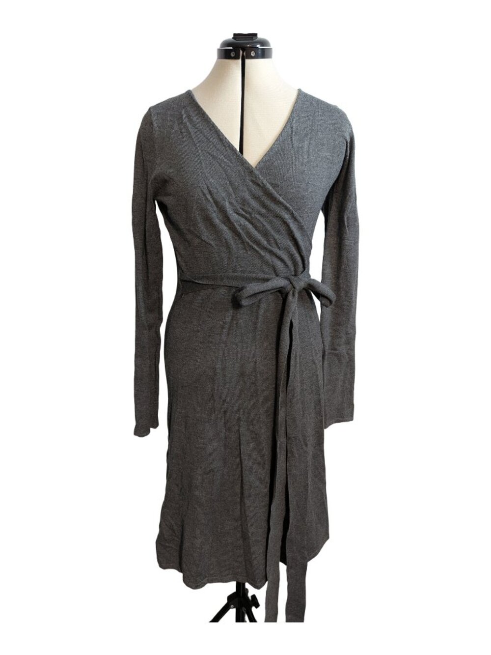 PattyBoutik Heather Gray V-Neck Wrap Long Sleeve Knit Sweater Dress L